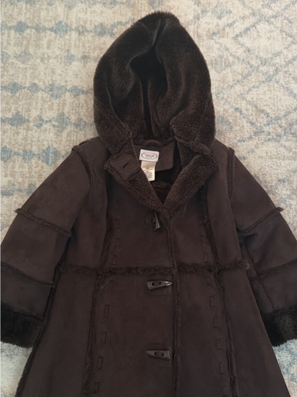 Kids Hooded Faux Shearling Pea Coat in Dark Brown